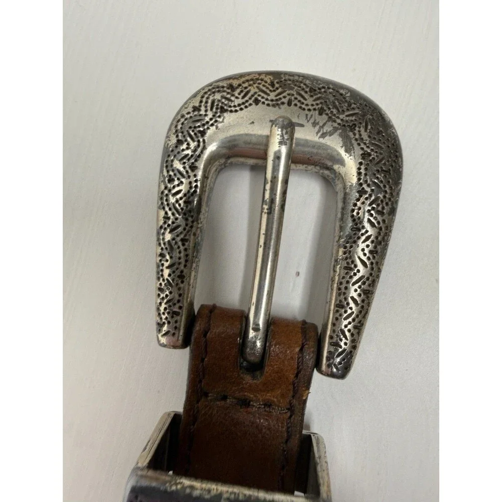 Vintage Tooled Leather Western Belt Silver Engraved Buckle Brown Size 40